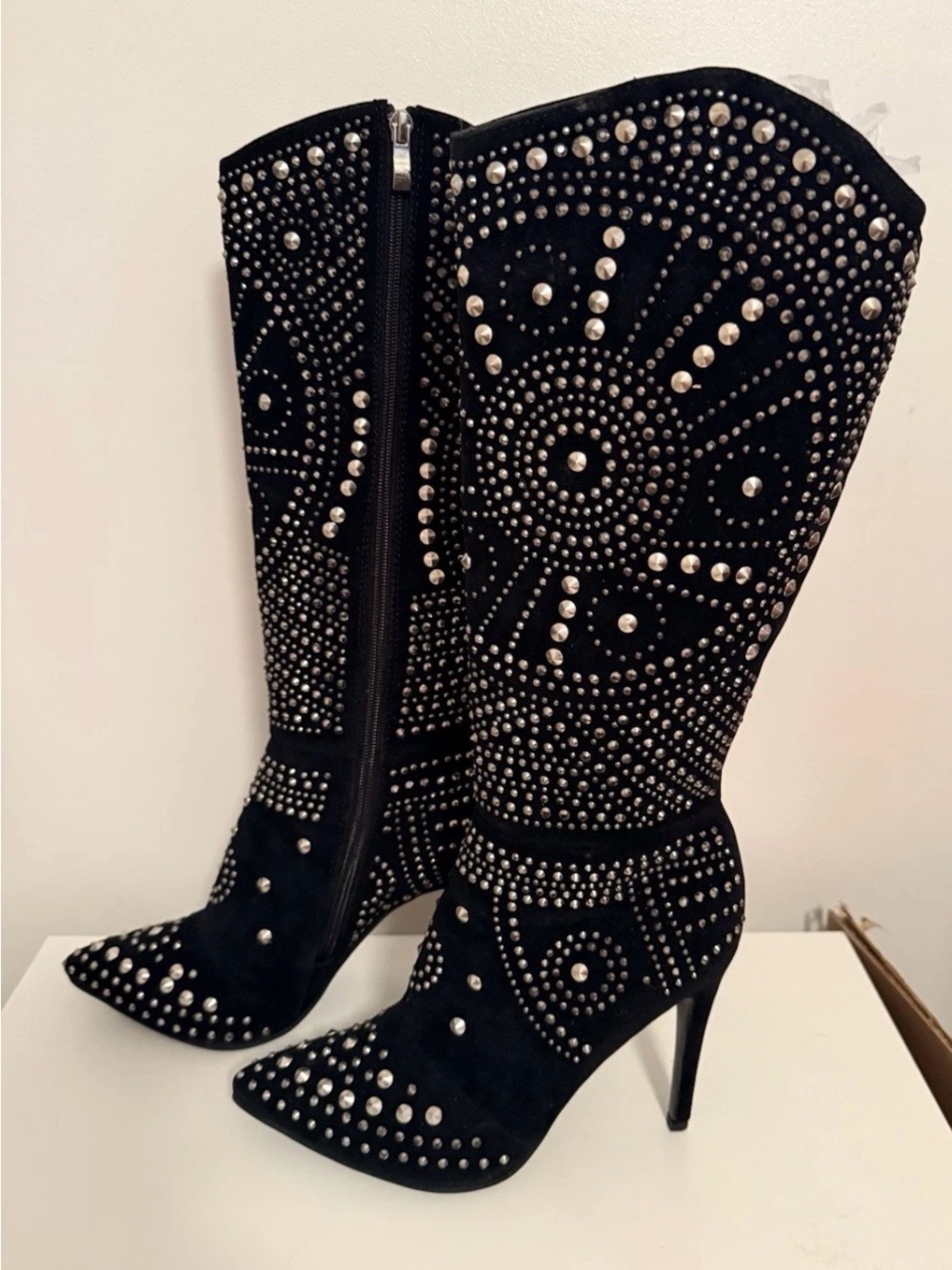 Olivia Miller Black Studded Stiletto Knee Boots Rocker Biker Glam Night Out